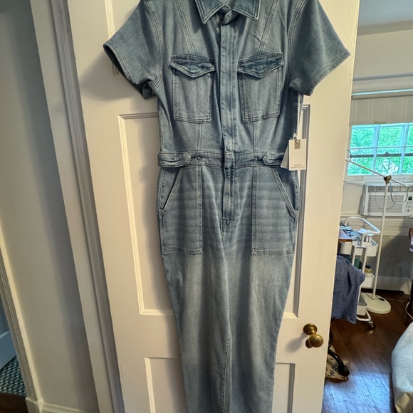 Denim Short Sleeve Jumpsuit - Picture 1 of 5